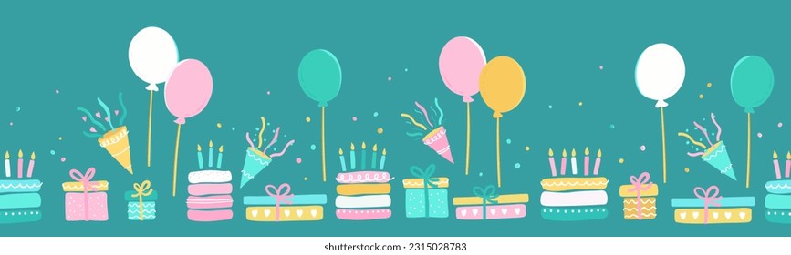 Freuen Sie sich auf handgezeichnete Feierlichkeiten mit Kuchen, Geschenkbox, Ballons und Partydekoration. Toll für Geburtstagsfeiern, Textilien, Banner, Wallpaper, Umhüllung - Vektordesign