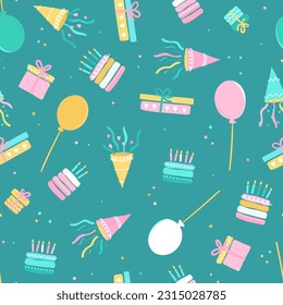 Fun hand drawn party seamless background with cakes, gift boxes, balloons and party decoration. Great for birthday parties, textiles, banners, wallpapers, wrapping - vector design