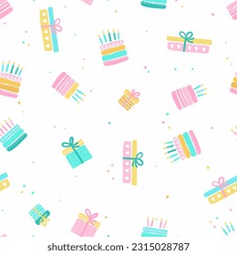 Fun hand drawn party seamless background with cakes, gift boxes, balloons and party decoration. Great for birthday parties, textiles, banners, wallpapers, wrapping - vector design