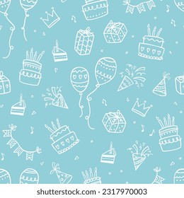 El fondo de la fiesta, hecho a mano, es divertido y sin fisuras con pasteles, cajas de regalo, globos y decoración de fiestas. Ideal para fiestas de cumpleaños, textiles, banners, fondos de pantalla, envoltura - diseño vectorial 