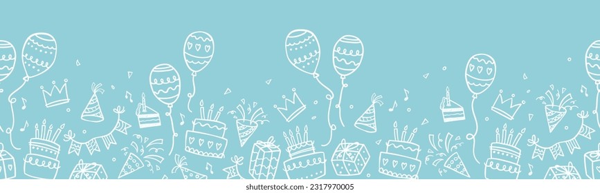 Fun hand drawn party seamless background with cakes, gift boxes, balloons and party decoration. Great for birthday parties, textiles, banners, wallpapers, wrapping - vector design 