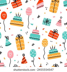 Divertido fondo sin fisuras dibujado a mano con pasteles, cajas de regalo, globos y decoración de fiesta. Ideal para fiestas de cumpleaños, textiles, Anuncios, Fondos de pantalla, envoltura - diseño de Vector