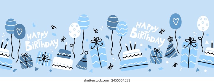 Fun hand drawn party seamless background with cakes, gift boxes, balloons and party decoration. Great for birthday parties, textiles, banners, wallpapers, wrapping - vector design