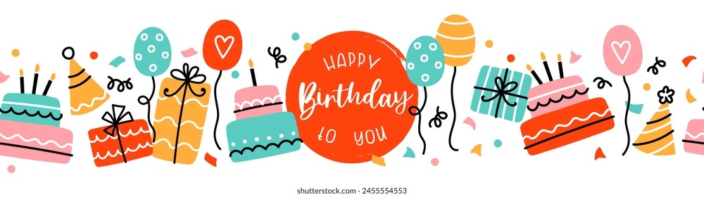 Fun hand drawn party seamless background with cakes, gift boxes, balloons and party decoration. Great for birthday parties, textiles, banners, wallpapers, wrapping - vector design