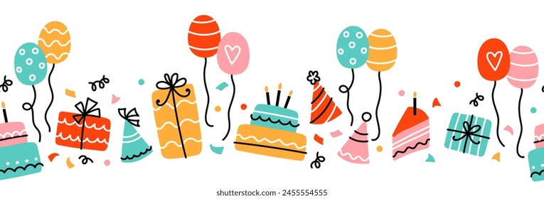 Fun hand drawn party seamless background with cakes, gift boxes, balloons and party decoration. Great for birthday parties, textiles, banners, wallpapers, wrapping - vector design