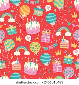 Fun hand drawn party seamless background with cakes, gift boxes, balloons and party decoration. Great for birthday parties, textiles, banners, wallpapers, wrapping - vector design 
