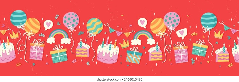 Fun hand drawn party seamless background with cakes, gift boxes, balloons and party decoration. Great for birthday parties, textiles, banners, wallpapers, wrapping - vector design 
