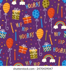 Divertido fondo sin fisuras dibujado a mano con pasteles, cajas de regalo, globos y decoración de fiesta. Ideal para fiestas de cumpleaños, textiles, Anuncios, Fondos de pantalla, envoltura - diseño de Vector 