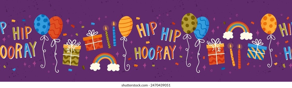 Fun hand drawn party seamless background with cakes, gift boxes, balloons and party decoration. Great for birthday parties, textiles, banners, wallpapers, wrapping - vector design 
