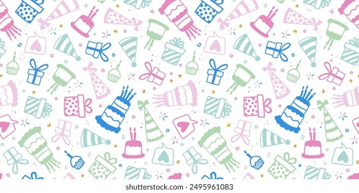 Fun hand drawn party seamless background with cakes, gift boxes, balloons and party decoration. Great for birthday parties, textiles, banners, wallpapers, wrapping - vector design