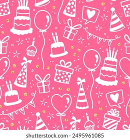 Fun hand drawn party seamless background with cakes, gift boxes, balloons and party decoration. Great for birthday parties, textiles, banners, wallpapers, wrapping - vector design