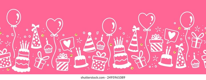 Fun hand drawn party seamless background with cakes, gift boxes, balloons and party decoration. Great for birthday parties, textiles, banners, wallpapers, wrapping - vector design