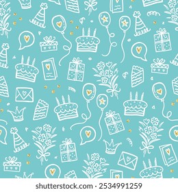 Fun hand drawn party seamless background with cakes, gift boxes, balloons and party decoration. Great for birthday parties, textiles, banners, wallpapers, wrapping - vector design