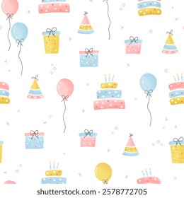 Fun hand drawn party seamless background with cakes, gift boxes, balloons and party decoration. Great for birthday parties, textiles, banners, wallpapers, wrapping - vector design