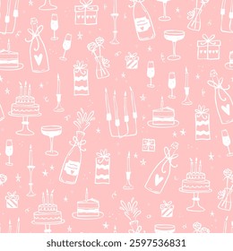 Fun hand drawn party seamless background with cakes, gift boxes, balloons and party decoration. Great for birthday parties, textiles, banners, wallpapers, wrapping - vector design 