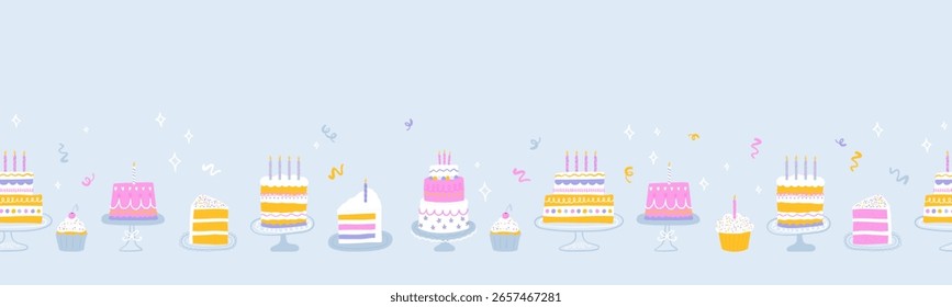 Fondo inconsútil dibujado a mano divertido del partido con los pasteles divertidos y coloridos. Ideal para fiestas de cumpleaños, textiles, Anuncios, Fondos de pantalla, envoltura - diseño de Vector 
