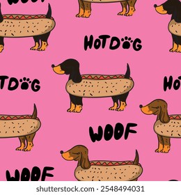 Um divertido padrão desenhado à mão com dachshunds. Cães bonitos padrão sem costura.
