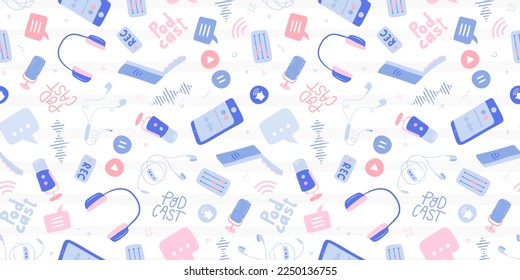 Fun hand drawn Podcast elements, headphones, microphone, laptop, smartphone, speech bubbles. Podcast recording and listening - vector design