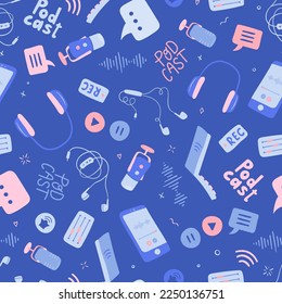Fun hand drawn Podcast seamless pattern, headphones, microphone, laptop, smartphone, speech bubbles. Podcast recording and listening - vector design