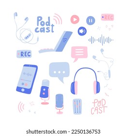 Fun hand drawn Podcast seamless pattern, headphones, microphone, laptop, smartphone, speech bubbles. Podcast recording and listening - vector design