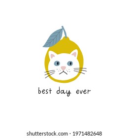 Fun hand drawn print with sad cat in fruit fanny hat. Hand drawn quote - Best day ever