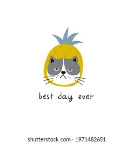 Fun hand drawn print with sad cat in fruit fanny hat. Hand drawn quote - Best day ever