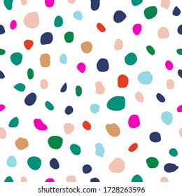 Fun hand drawn random polka dot print design. Irregular layout composition. Emerald, hot pink, red, blue, plain white background. Elegant stylish timeless vector. Classic seamless pattern with a twist - Powered by Shutterstock - Get 15% off with code: PIKWIZARD15