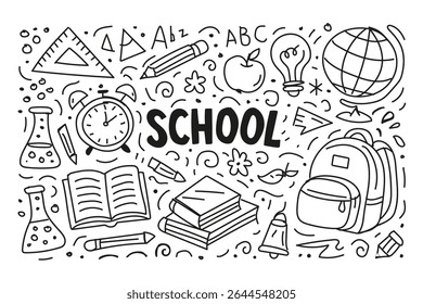 Fun hand drawn school doodle with backpack, globe, clock, books, beakers, apple, bell, and light bulb. A creative composition ideal for educational posters, flyers, websites or kid projects.