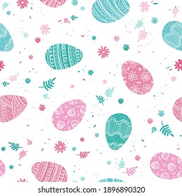 Fun hand drawn seamless Easter design with ornate eggs, doodle background, great for textiles, wrapping, banners, wallpapers - vector
