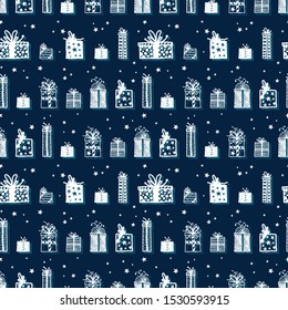 Fun hand drawn seamless pattern with gift boxes. Great for christmas textiles, wallpaper, banner, wrappers - vector surface design
