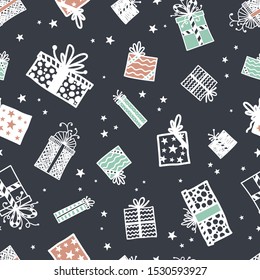 Fun hand drawn seamless pattern with gift boxes. Great for christmas textiles, wallpaper, banner, wrappers - vector surface design