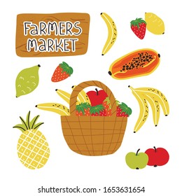 Conjunto de calcomanías de frutas orgánicas frescas y una gran cesta de mimbre con letrero de placa de madera con membrete del mercado de los agricultores. Concepto de alimentación saludable, vegana y limpia. Ilustración vectorial plana.