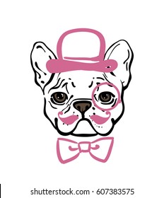 Fun hand drawn smiling pet portrait. French bulldog with a mustache  in the hat and  tie. Line art drawing. Sketch portrait with pink accessories