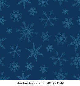 Fun hand drawn snowflakes seamless pattern - beautiful seasonal christmas background, great for banners, wallpapers, invitations, cards, wrapping paper - vector surface design