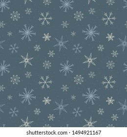 Fun hand drawn snowflakes seamless pattern - beautiful seasonal christmas background, great for banners, wallpapers, invitations, cards, wrapping paper - vector surface design