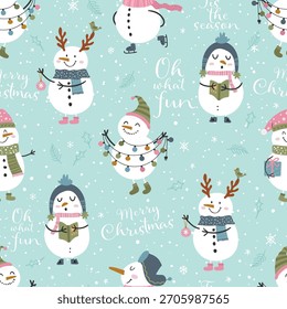 Divertido diseño de muñeco de nieve dibujado a mano con lindas decoraciones - diseño sin costuras, ideal para textiles, impresiones, Anuncios, Fondos de pantalla - Vector
