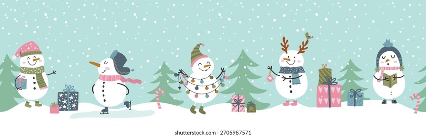Divertido diseño de muñeco de nieve dibujado a mano con lindas decoraciones - diseño sin costuras, ideal para textiles, impresiones, Anuncios, Fondos de pantalla - Vector