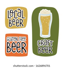 Fun hand drawn stickers, labels, banner design with lettering text Gluten free, craft, local beer. Flat vector illustration on isolated background in trendy colors.