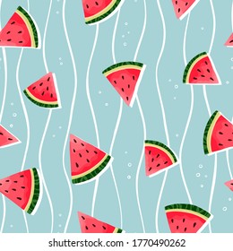 Fun hand drawn summer seamless pattern with water melons, vibrant background, great for summer textiles, banners, wallpapers, wrapping - vector design