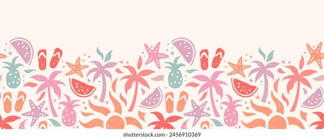 Fun hand drawn summer seamless pattern, cute doodles like palm trees and pineapples, great for textiles, banners, wallpapers, wrapping - vector design
