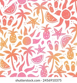 Fun hand drawn summer seamless pattern, cute doodles like palm trees and pineapples, great for textiles, banners, wallpapers, wrapping - vector design