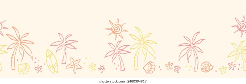 Fun hand drawn summer seamless pattern, cute doodles like palm trees and water melon, great for textiles, banners, wallpapers, wrapping - vector design