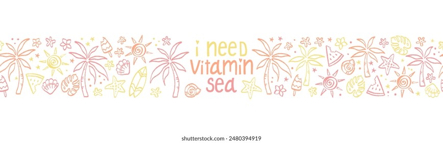 Fun Hand gezeichnete Sommer nahtlose Muster, süße Kritzeleien wie Palmen und Wassermelone, ideal für Textilien, Banner, Bildschirmhintergründe, Verpackung - Vektorgrafik Design