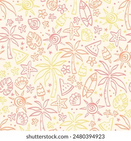 Fun hand drawn summer seamless pattern, cute doodles like palm trees and water melon, great for textiles, banners, wallpapers, wrapping - vector design