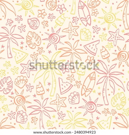Fun hand drawn summer seamless pattern, cute doodles like palm trees and water melon, great for textiles, banners, wallpapers, wrapping - vector design