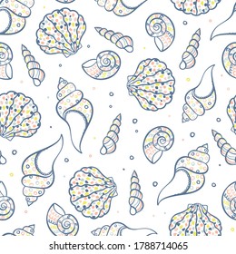 Fun hand drawn under water seamless pattern with cute seashells, childish background, great for textiles, banners, wallpapers, wrapping - vector design