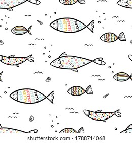 Fun hand drawn under water seamless pattern with cute fish, childish background, great for textiles, banners, wallpapers, wrapping - vector design
