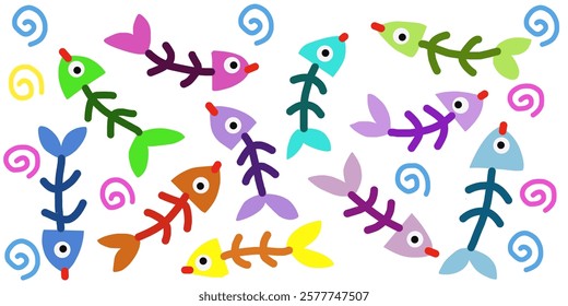 fun hand drawn vector illustration of colorful fish skeletons with playful, a whimsical and artistic underwater scene. Perfect for creative, kids, and aquatic themed designs