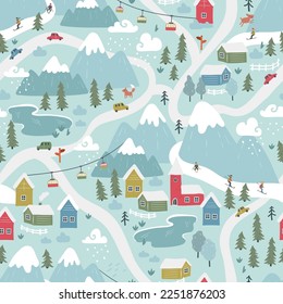 Fun hand drawn winter scenery with a colorful village, ski area, mountains and clouds  - great for textiles, wallpaper, wrapping - vector design