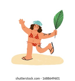 Fun hand drawn young happy smiling tattooed woman in bandanna with palm leaf runs with her hands up across the beach. Flat vector illustration on isolated background.